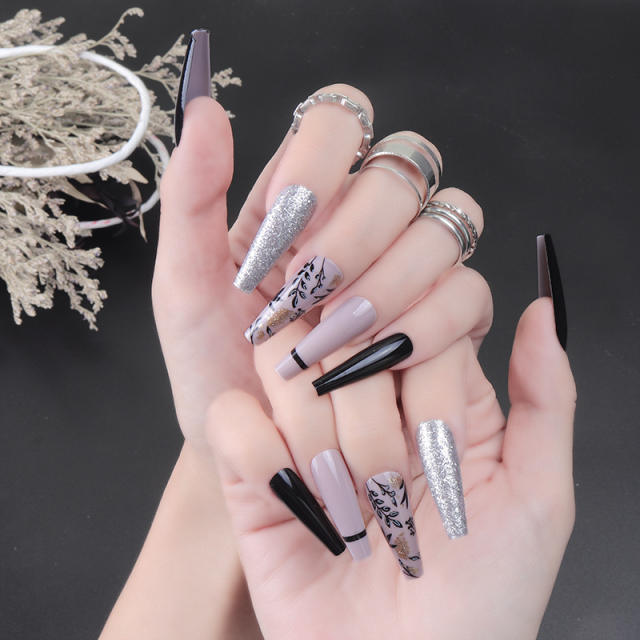 24pcs set gliter flower pattern false nails