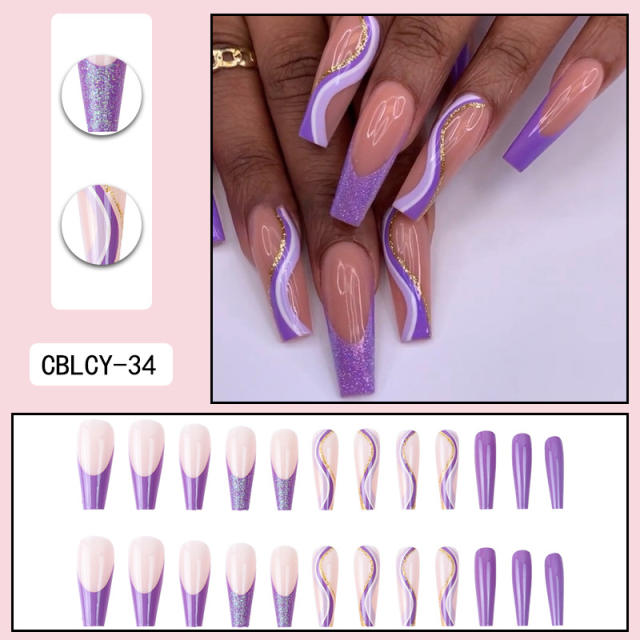 Purple color gliter false nails