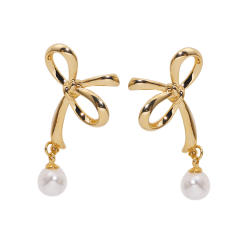 Hollow bow pearl bead clip on earrings drop earrings