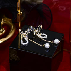 Elegant black butterfly pearl tassel long earrings