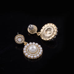 Pearl beaded round charm drop earrings clip on earrings