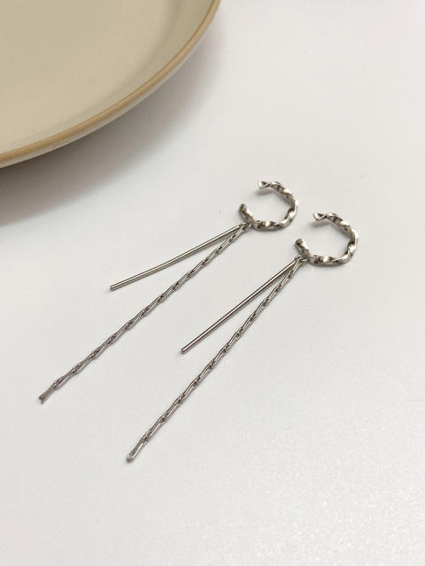 Open hoop long tassel clip on earrings