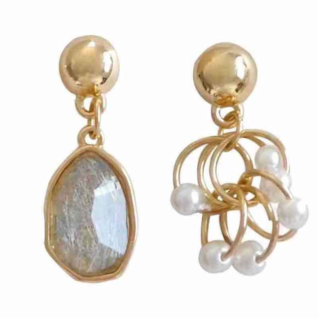 Pearl beaded gray color asymmetric clip on earrings dangle earrings