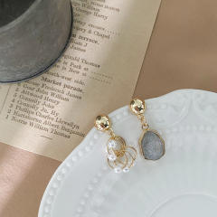 Pearl beaded gray color asymmetric clip on earrings dangle earrings