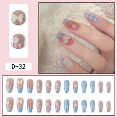 Sweet blue plaid flower false nails