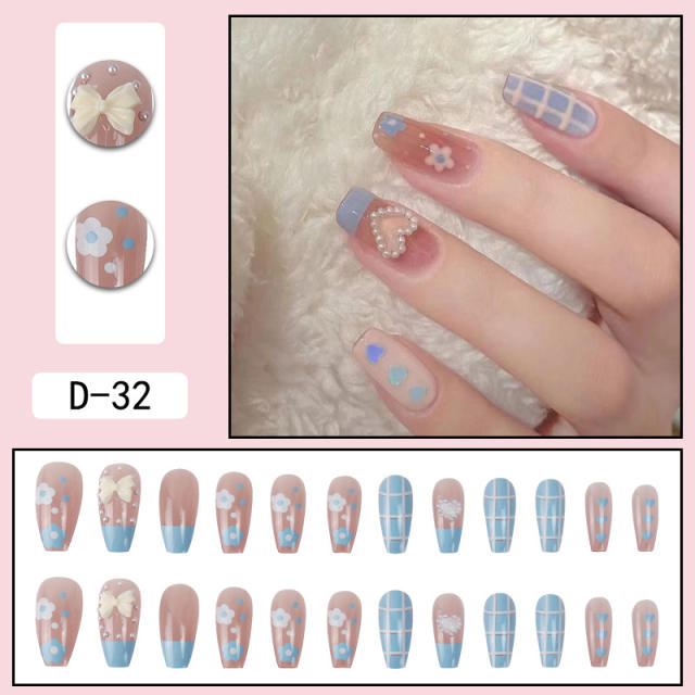 Sweet blue plaid flower false nails