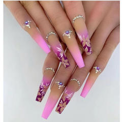 Pink purple color flower rhinestone false nails