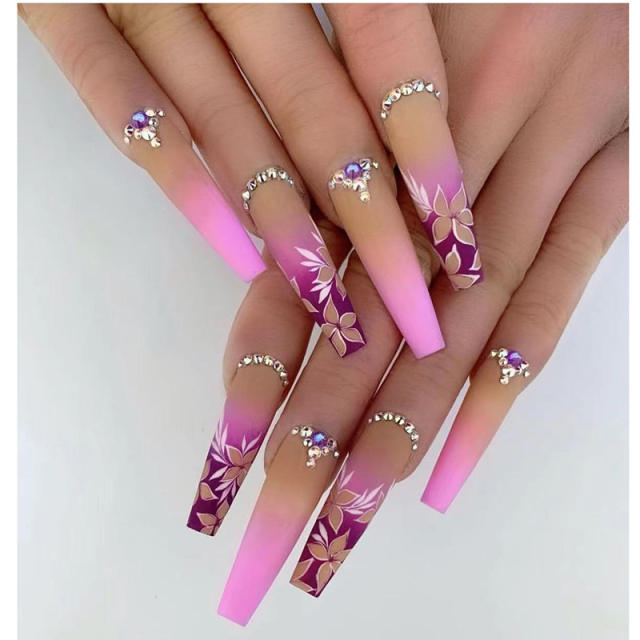 Pink purple color flower rhinestone false nails