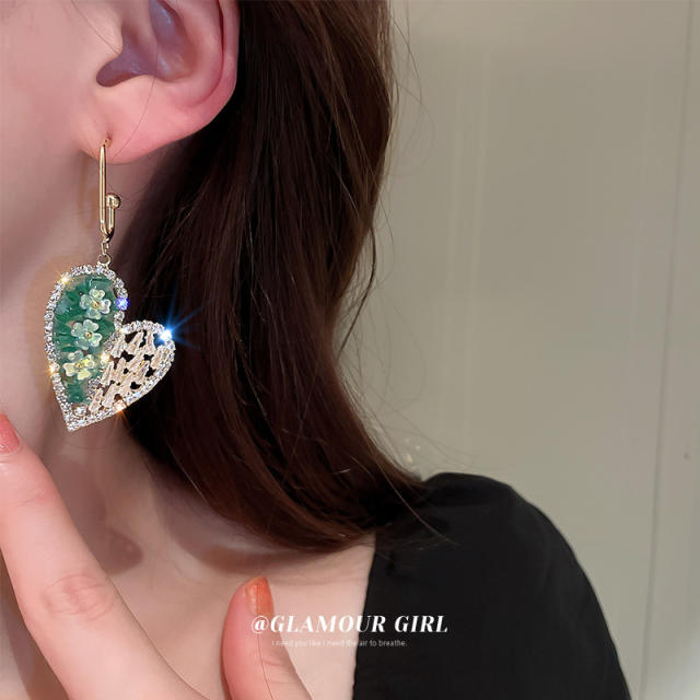 925 needle cubic zircon pave setting heart dangle earrings