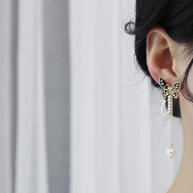Elegant black butterfly pearl tassel long earrings