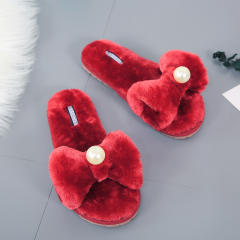 Sweet bow pearl fluffy slippers (2 size smaller)
