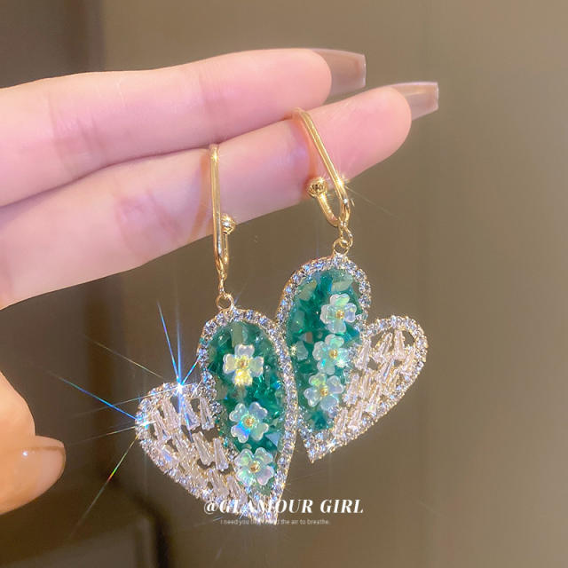 925 needle cubic zircon pave setting heart dangle earrings