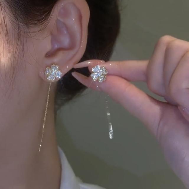 S925 sterling silver needle diamond clover threader earrings