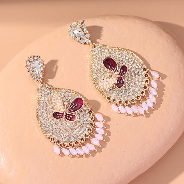Pave setting rhinestone butterfly dangle earrings