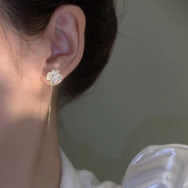 S925 sterling silver needle diamond clover threader earrings
