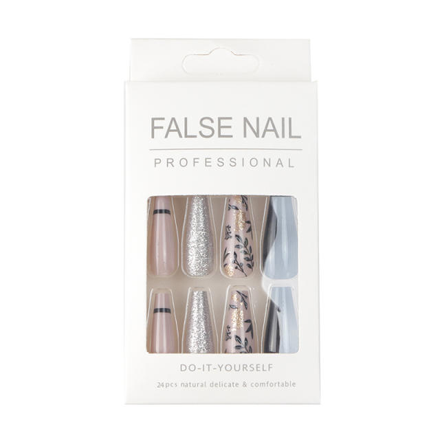 24pcs set gliter flower pattern false nails