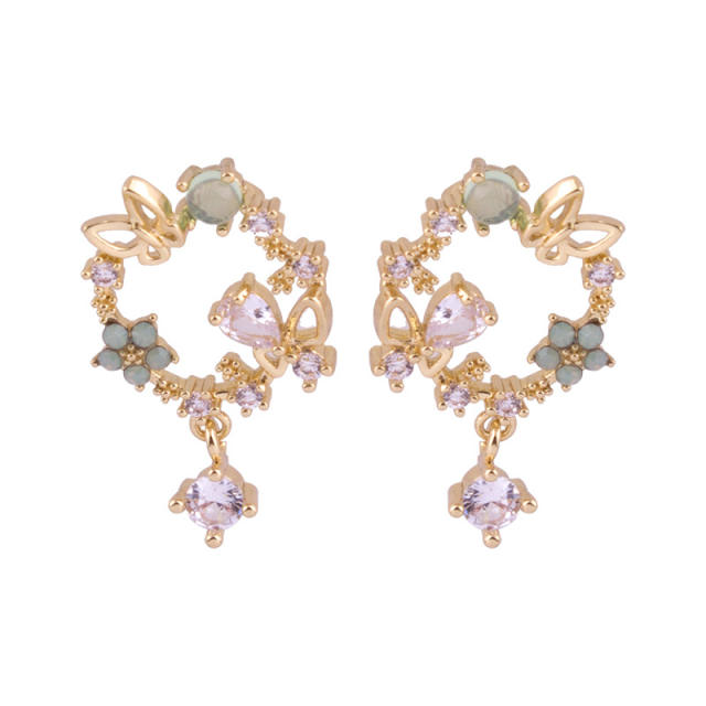 Diamond green petal drop earrings clip on earrings