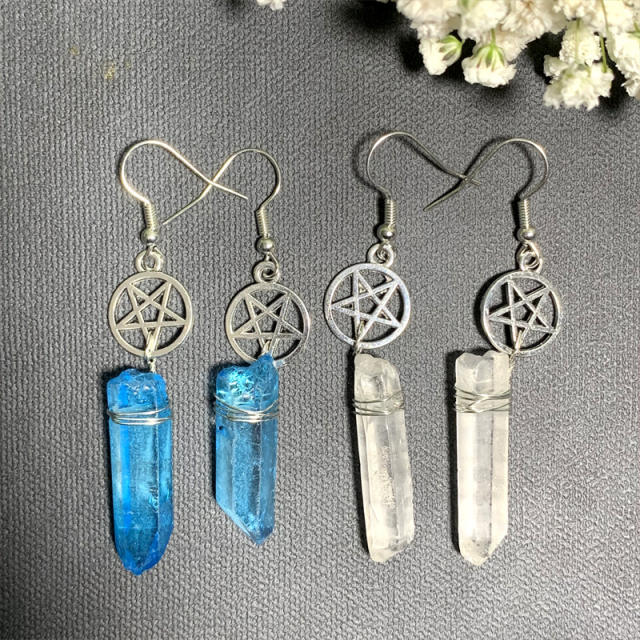 Boho natural cystal pendant hollow star dangle earrings