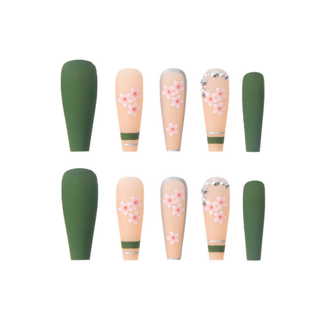 Green color flower design fasle nails