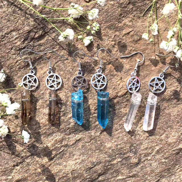 Boho natural cystal pendant hollow star dangle earrings