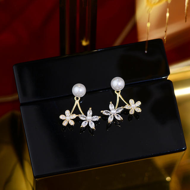 Korean fashion cubic zircon flower pearl jacket earrings