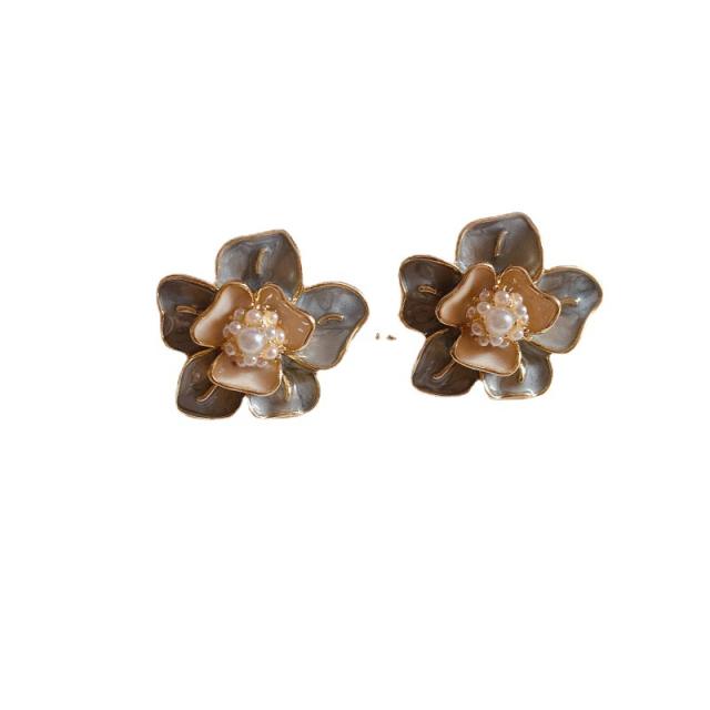 925 needle enamel bloom flower baroque pearl ear studs