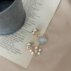 Pearl beaded gray color asymmetric clip on earrings dangle earrings