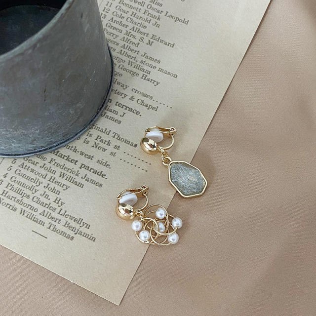 Pearl beaded gray color asymmetric clip on earrings dangle earrings
