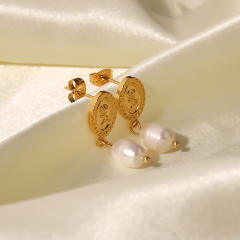 18KG pearl charm stainless steel earrings