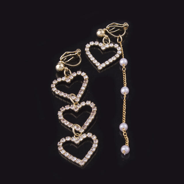 Diamond heart tassel asymmetric clip on earrings dangle earrings