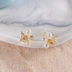 CZ pearl flower clip on earrings