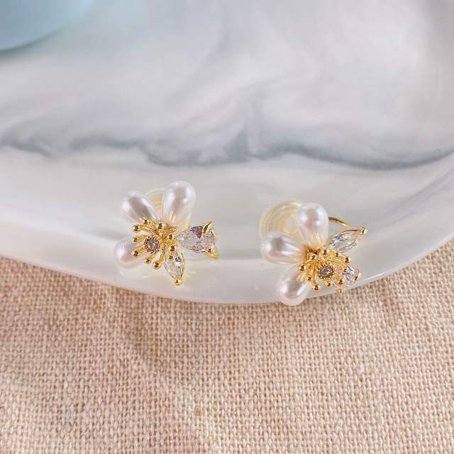 CZ pearl flower clip on earrings