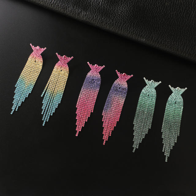 Color rhinestone tassel pave setting earrings