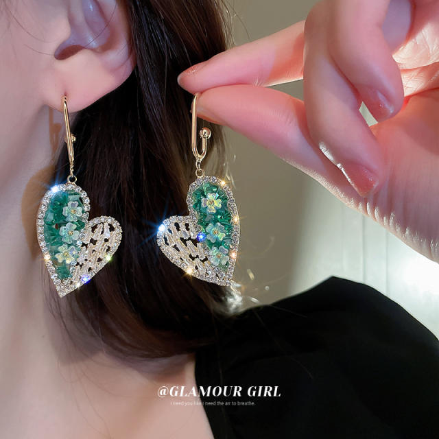 925 needle cubic zircon pave setting heart dangle earrings