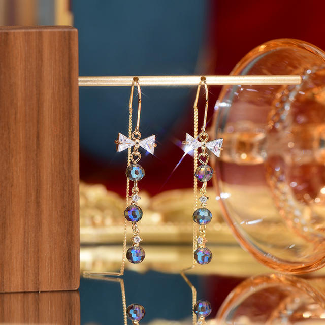 Delicate blue crystal stone butterfly threader earrings