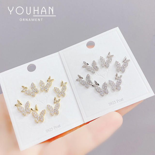 S925 needle diamond butterfly ear studs set