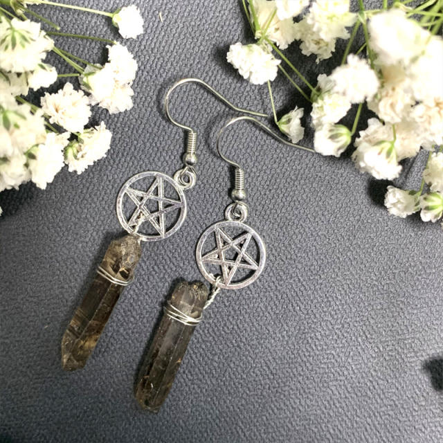 Boho natural cystal pendant hollow star dangle earrings
