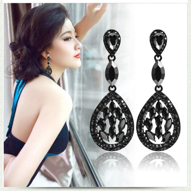 Luxury all black glass crystal drop earrings for women