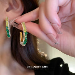 Silver needle color crytal open hoop earrings