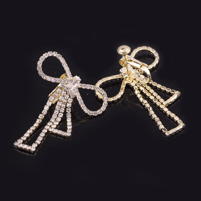 Diamond bow hollow clip on earrings