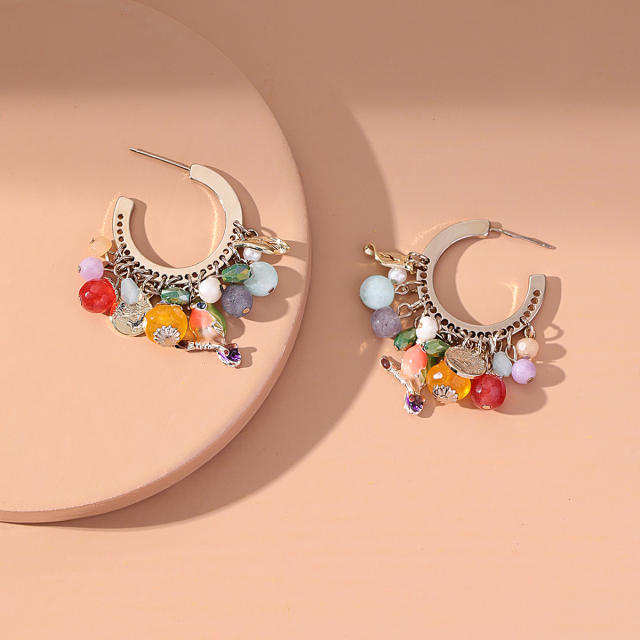 Colorful stone cyrstal cute bird tassel open hoop earrings
