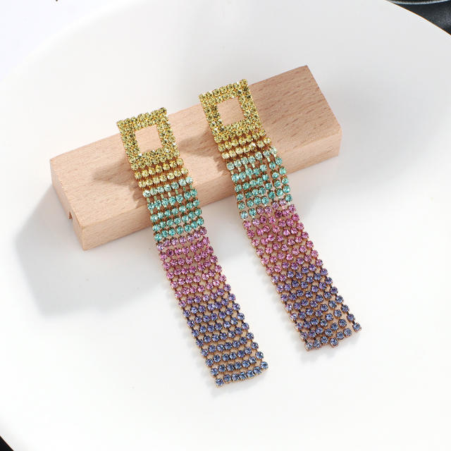 Colorful rhinestone pave setting long tassel earrings