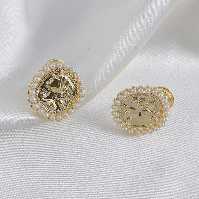 Portrait pearl beaded oval clip on earrings