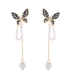 Elegant black butterfly pearl tassel long earrings