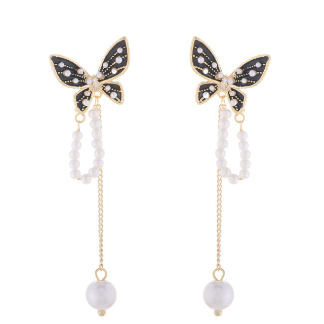 Elegant black butterfly pearl tassel long earrings