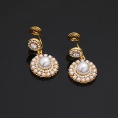Pearl beaded round charm drop earrings clip on earrings