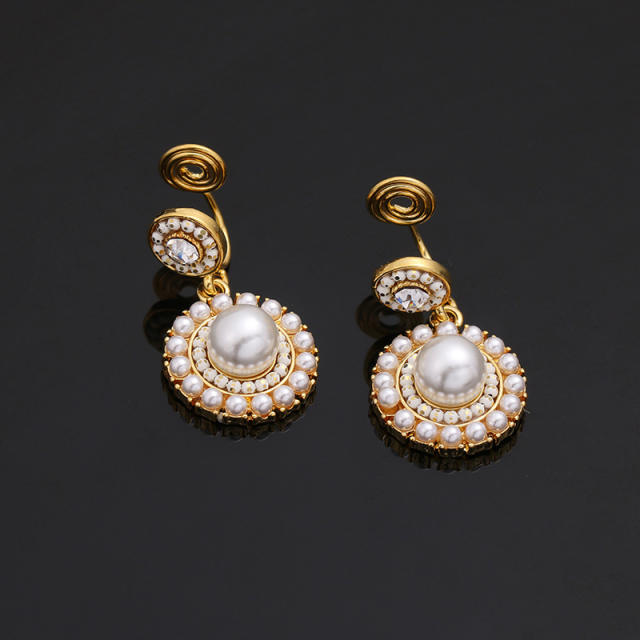 Pearl beaded round charm drop earrings clip on earrings