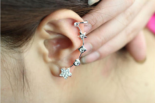 Diamond star heart one piece ear cuff