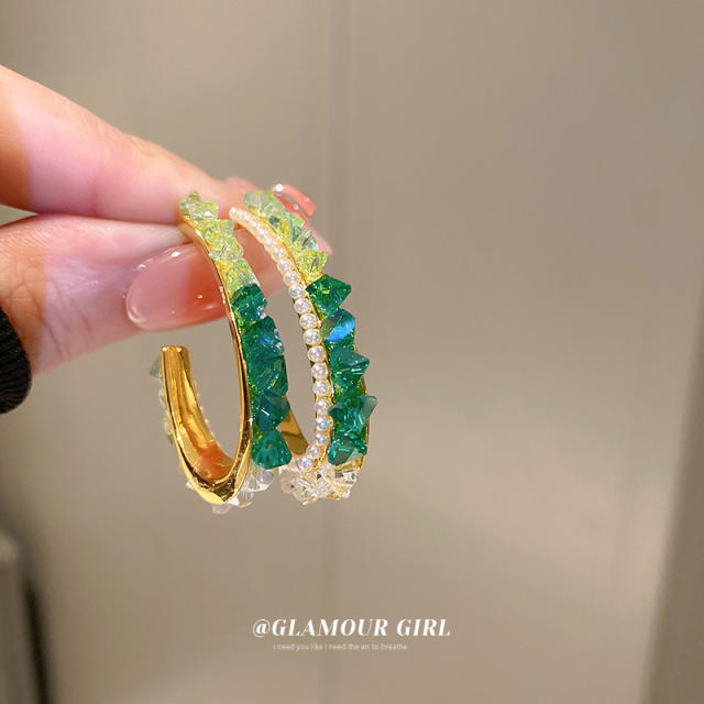 Silver needle color crytal open hoop earrings