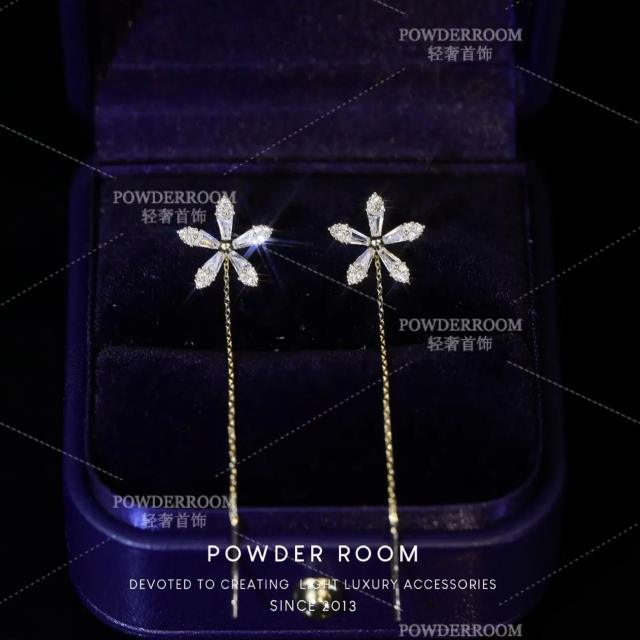 S925 sterling silver needle cubic zircon flower threader earrings